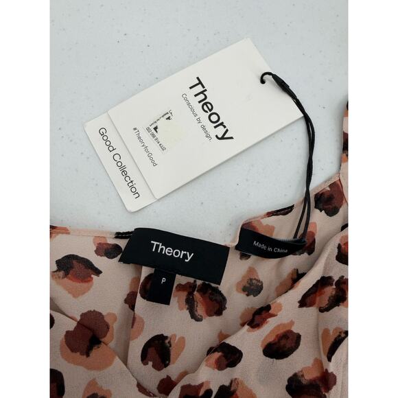 NWT Theory Women's Pink Silk V-Neck Leopard Flora Drape Top Size Petite - Picture 2 of 7